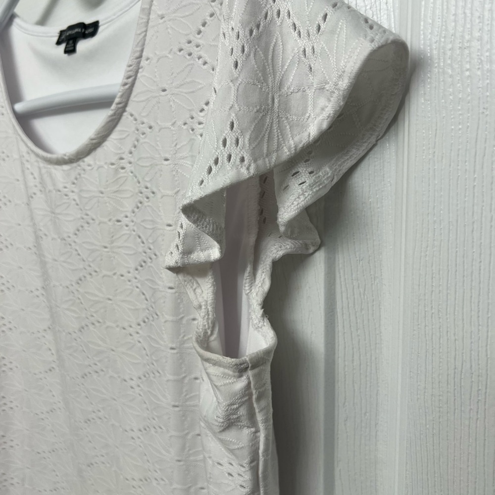 Adrianna Papell flutter sleeve, white top.